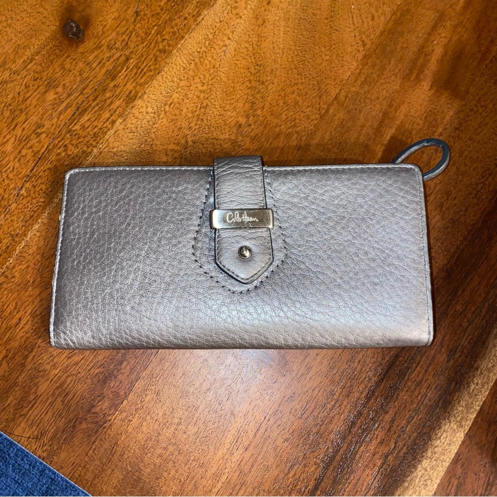 Cole Haan Metallic Silver Pebbled Leather Wallet Wristlet